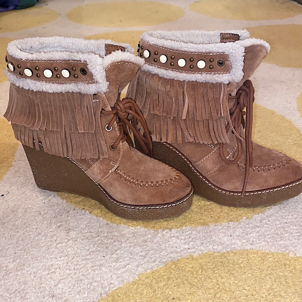 SAM EDELMAN fringe suede furry lined wedge ankle boots 7